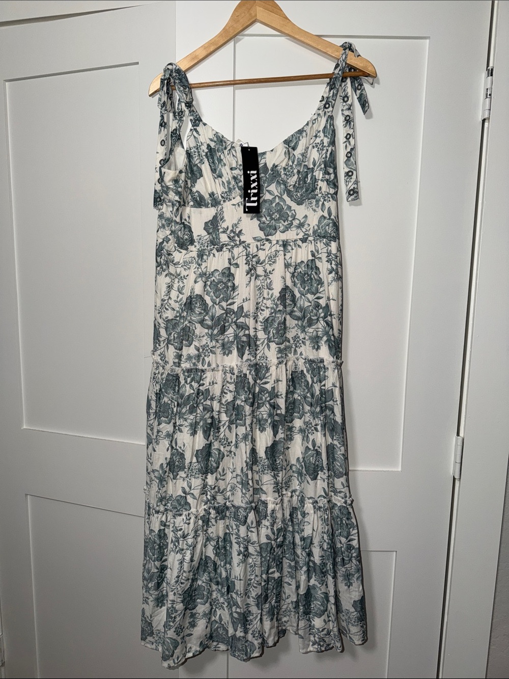 Trixxi White Midi Dress with Green Floral Print and Tie Shoulders